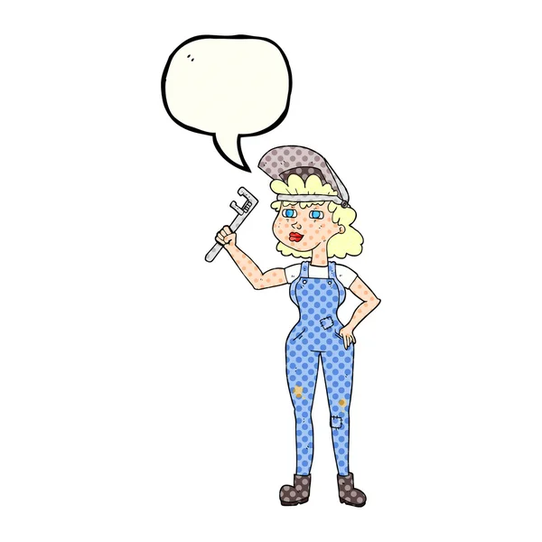 Cómic discurso burbuja dibujos animados mujer capaz con llave inglesa — Vector de stock