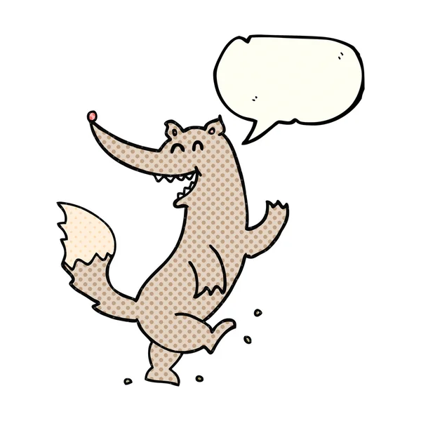 Bande dessinée discours bulle dessin animé heureux loup danse — Image vectorielle