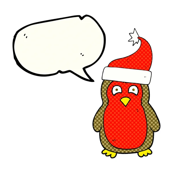 Comic-Buch Sprechblase Cartoon Rotkehlchen trägt Weihnachtsmann h — Stockvektor