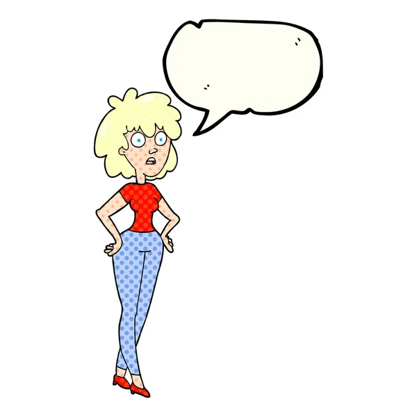 Comic book speech bubble cartoon surprised woman — стоковый вектор