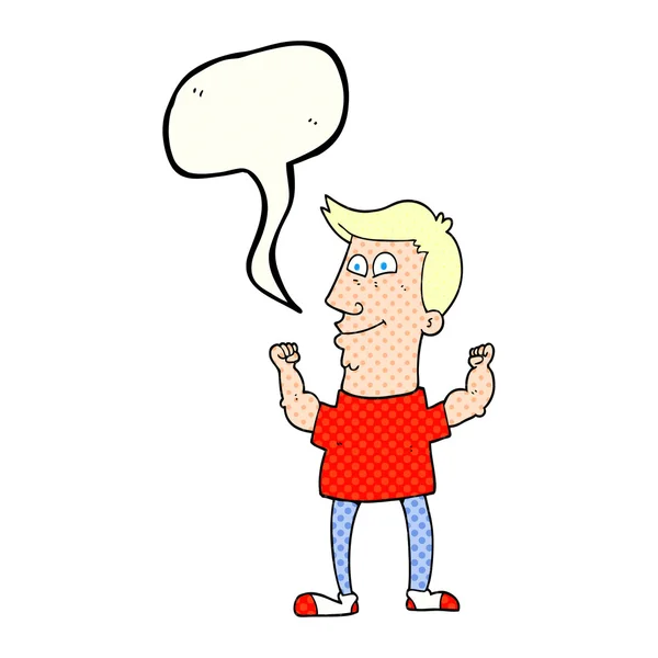 Comic book speech bubble cartoon celebrating man — стоковый вектор