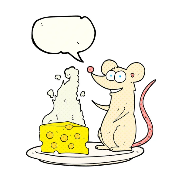 Fumetto discorso bolla cartoni animati mouse con formaggio — Vettoriale Stock