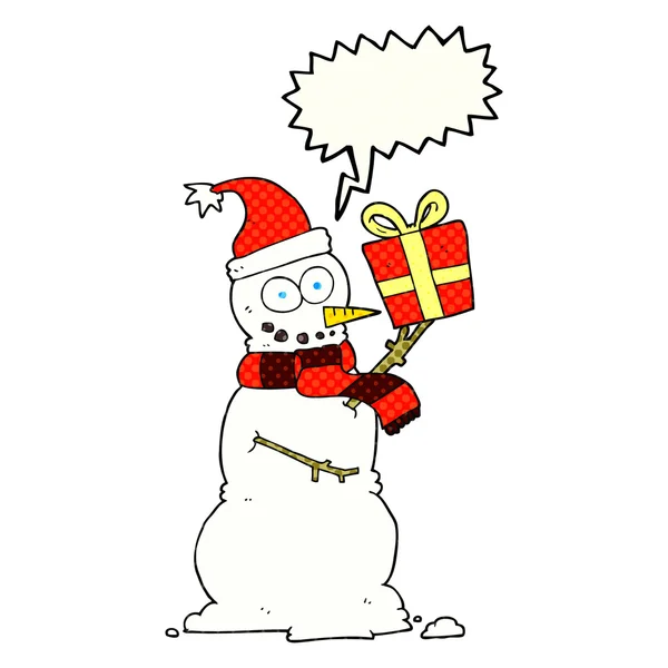 Comic book speech bubble cartoon snowman holding present — стоковый вектор