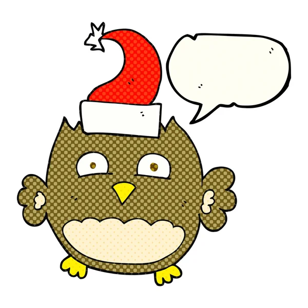 Fumetto discorso bolla fumetto gufo indossando cappello di Natale — Vettoriale Stock