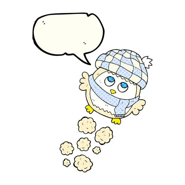 Historieta discurso burbuja dibujos animados lindo pequeño búho volando — Vector de stock