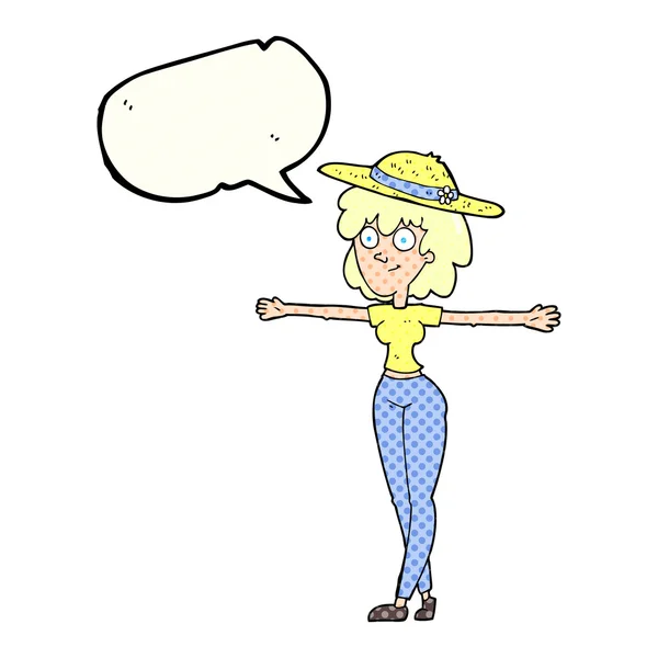 Cómic discurso burbuja dibujos animados mujer extendiendo los brazos — Archivo Imágenes Vectoriales