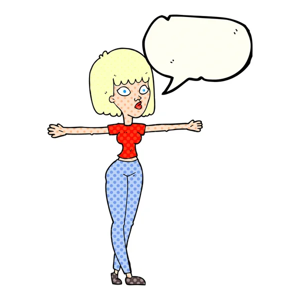 Comic book speech bubble cartoon woman spreading arms — Stock Vector