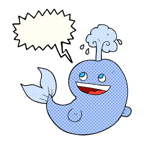 Комикс речи пузырь мультяшный кит извергая воду — стоковый вектор