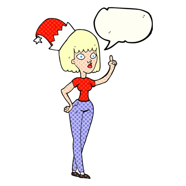 Bande dessinée discours bulle dessin animé femme portant un chapeau de Noël — Image vectorielle