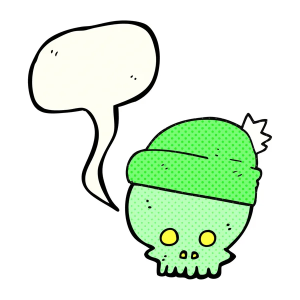 Comic book speech bubble cartoon skull wearing hat — Stock Vector
