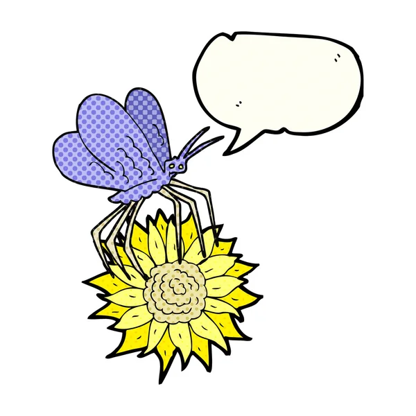 Comic book speech bubble cartoon butterfly on flower — Stock Vector