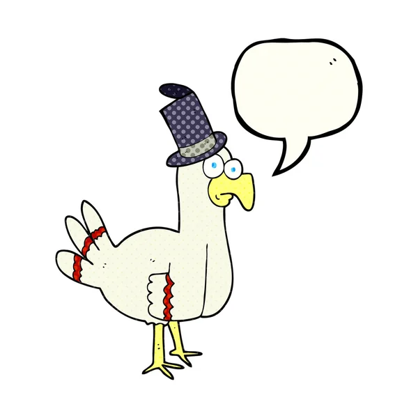 Quadrinhos discurso bolha desenho animado pássaro vestindo chapéu superior — Vetor de Stock