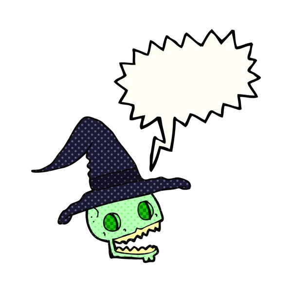 Comic book speech bubble cartoon skull wearing witch hat — Διανυσματικό Αρχείο