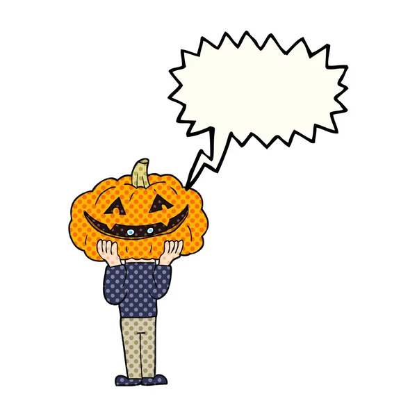 Comic book speech bubble cartoon pumpkin head halloween costume — Stock Vector