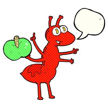 comic book speech bubble cartoon ant with apple