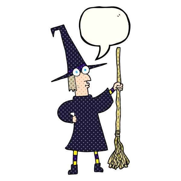 Comic book speech bubble cartoon witch with broom — Stock Vector