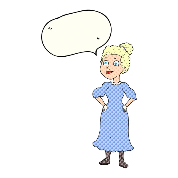 Comic book speech bubble cartoon victorian woman in dress — Stock Vector