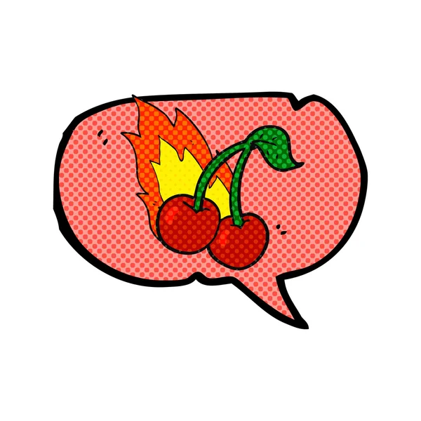 Comic book speech bubble cartoon flaming cherries — Stock Vector