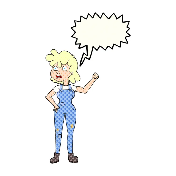 Livro em quadrinhos discurso bolha cartoon mulher balançando punho — Vetor de Stock