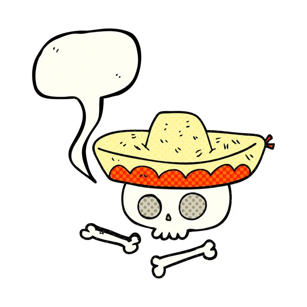 Fumetto discorso bolla cartone animato teschio in cappello messicano — Vettoriale Stock
