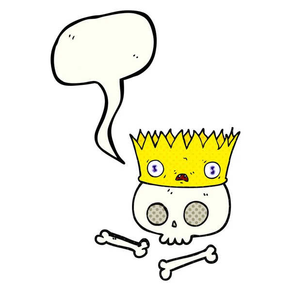 Comic book speech bubble cartoon magic crown on old skull — Stok Vektör