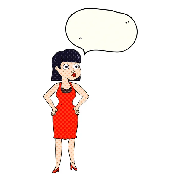 Comic book speech bubble cartoon woman in dress with hands on hi — стоковый вектор