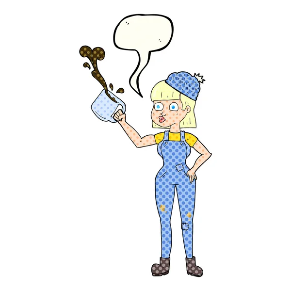 Livro em quadrinhos discurso bolha desenho animado mulher trabalhador com caneca de café — Vetor de Stock