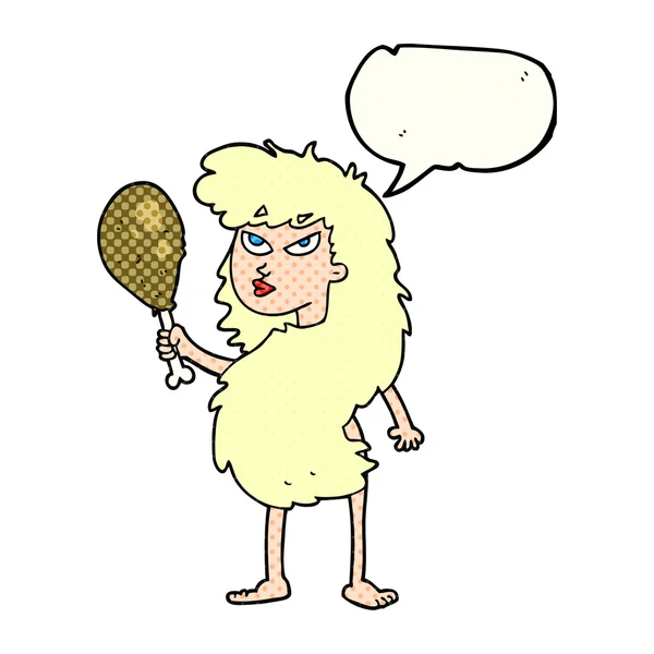 Comicbuch Sprechblase Cartoon Höhlenfrau mit Fleisch — Stockvektor