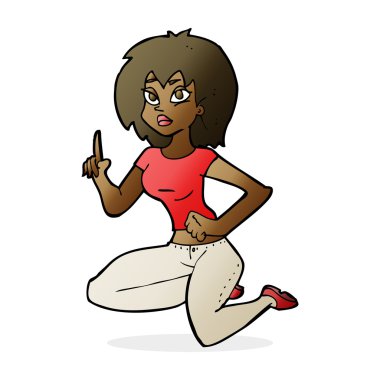 Fikri olan çizgi film kadını.