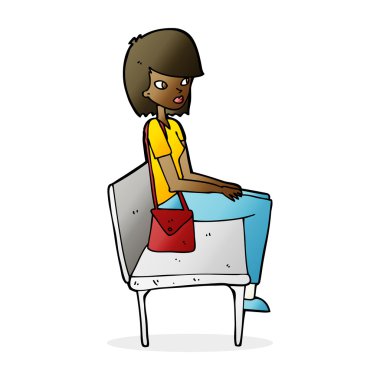 Çizgi filmdeki kadın bankta oturuyor.