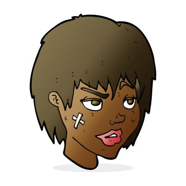 Yüzü alçılı çizgi film kadını.