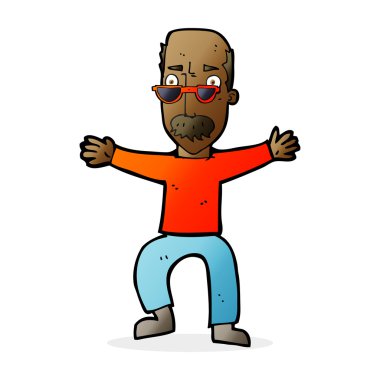 Çizgi film ihtiyarı kollarını sallıyor.