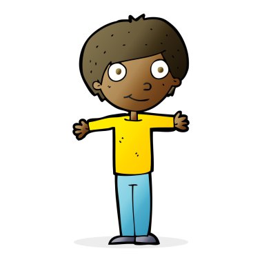 Çizgi filmdeki kolları açık mutlu çocuk