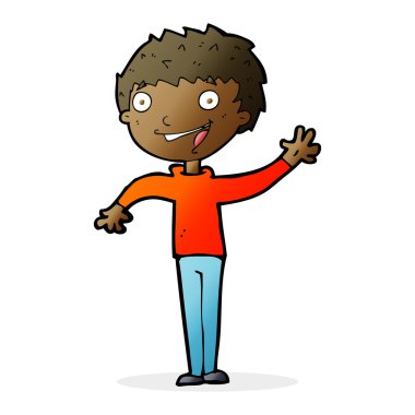 Çizgi film mutlu çocuk el sallıyor