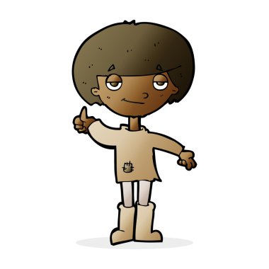 Çizgi filmci çocuk kötü giyinmiş, işaret veriyor.