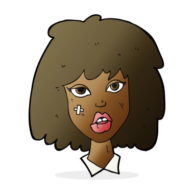 Yüzü morarmış çizgi film kadını.