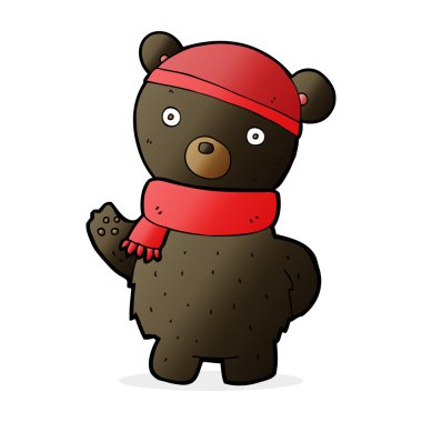 Çizgi film siyah ayı kış şapkası ve atkısı içinde