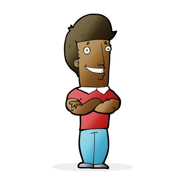 Cartoon man met gevouwen armen grijnzend — Stockvector