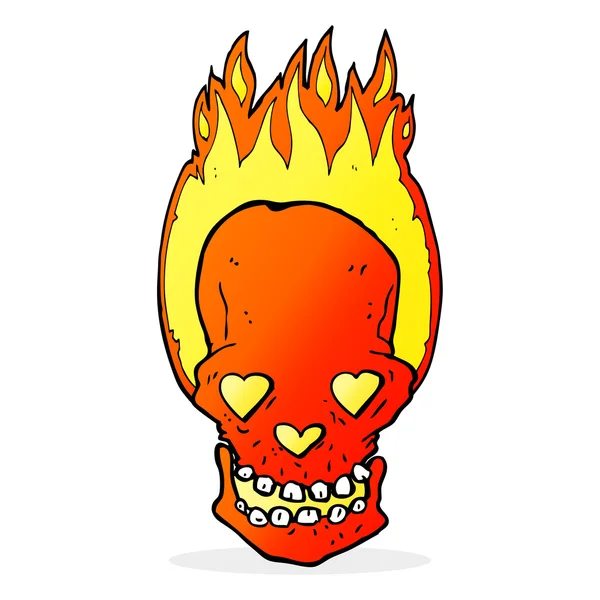 Cartoon flaming skull with love heart eyes — Stock Vector