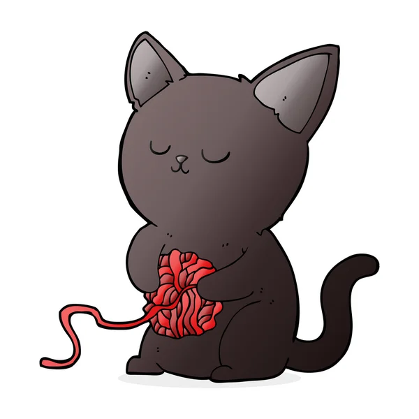 Cartoon cute black cat playing with ball of yarn — Stock Vector
