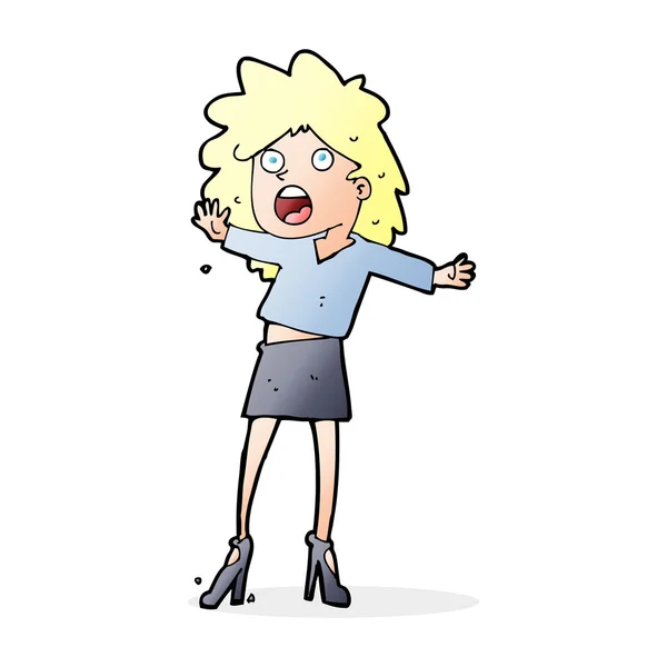 Cartoon woman having trouble walking in heels — Stock Vector