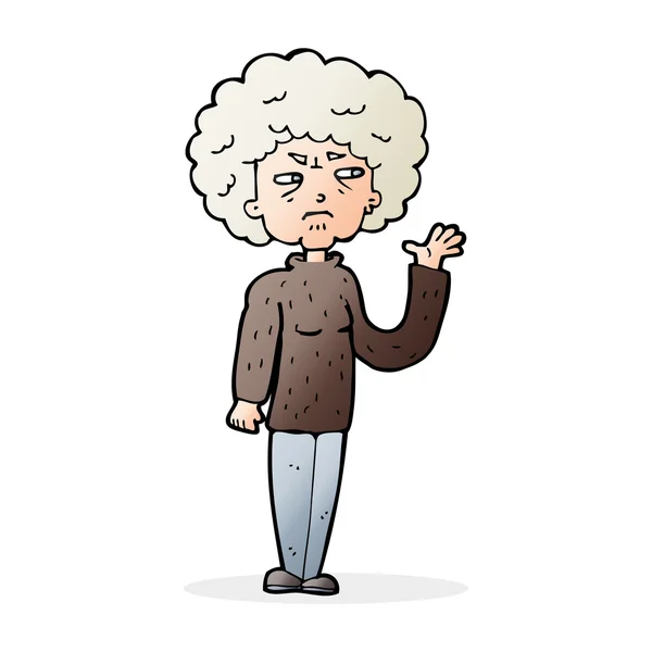 Cartoon annoyed old woman waving — Stock Vector