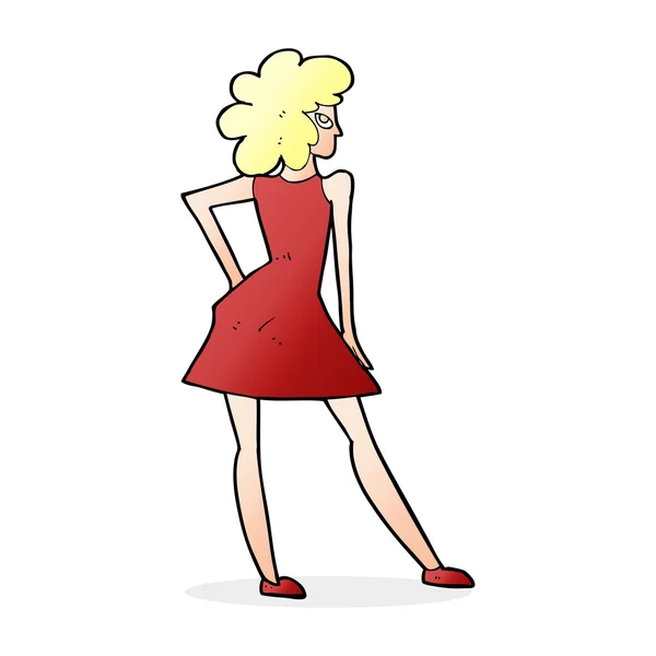 Cartoon mulher posando no vestido — Vetor de Stock