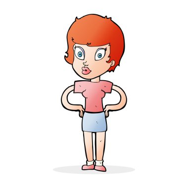 Kalçasında elleri olan çizgi film kadını.