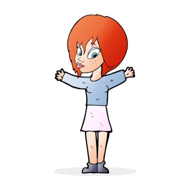 Açık kollu çizgi film kadını.