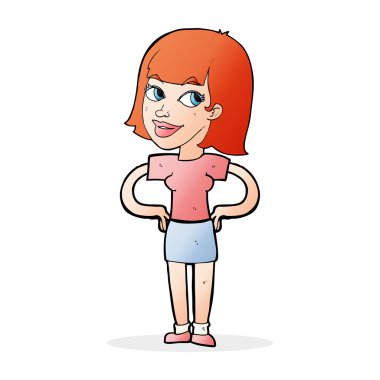 Elleri kalçasında mutlu bir kadın çizgi filmi.