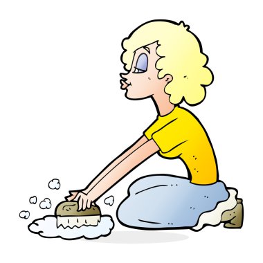 Çizgi filmdeki kadın yerleri fırçalıyor.