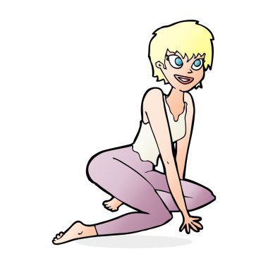 çizgi filmdeki mutlu kadın yerde oturuyor.