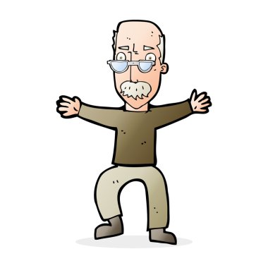 Çizgi film ihtiyarı kollarını sallıyor.