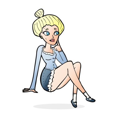 Çizgi film çekici kadın oturup düşünüyor.